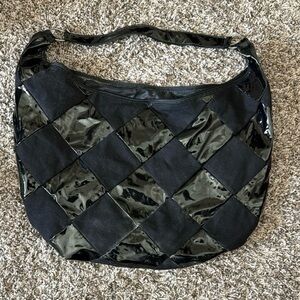 Elegant Black Patent Leather and Cloth Women's Hobo Bag